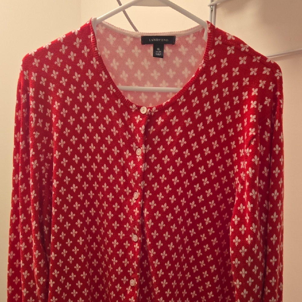 Lands' End Red Fleur-Print Button Cardigan